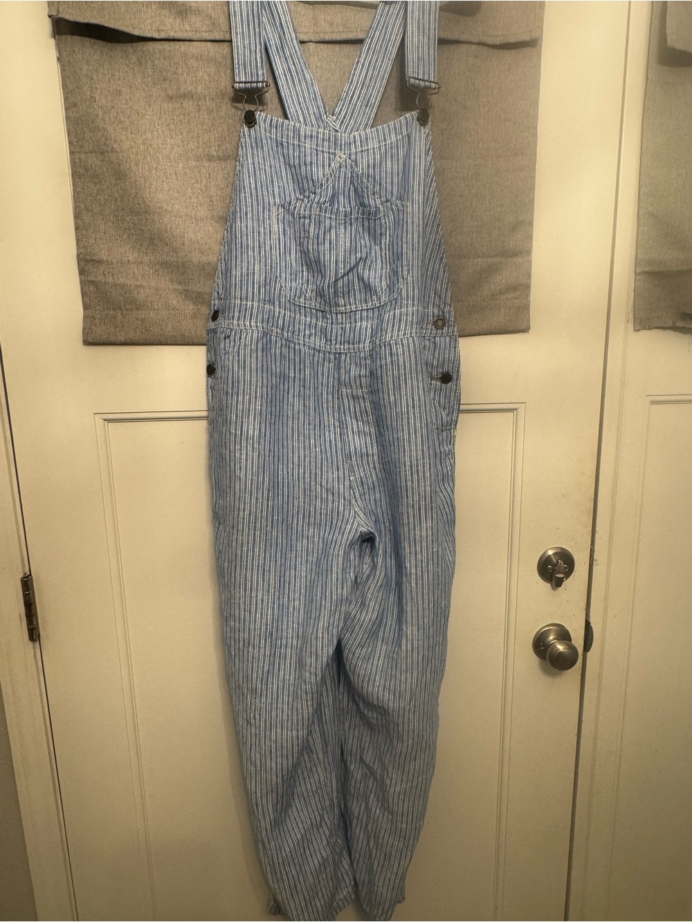 Faherty Blue Linen Mechanic Overalls Skyway Railroad Stripe Jumpsuit Lg